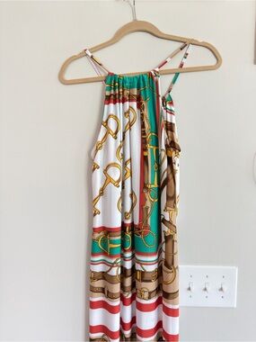 Striped & Chain Print Halter Maxi Dress - Teal, Red, White, Brown